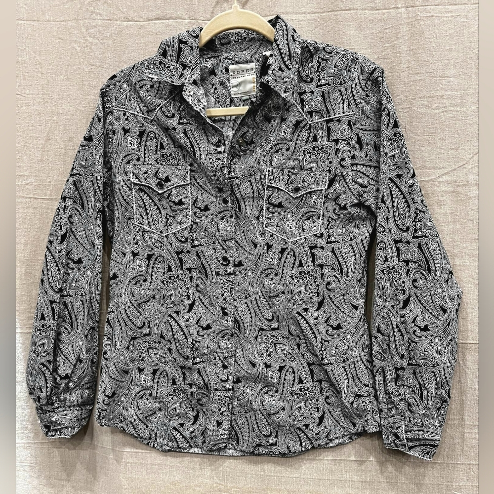 Roper Women's Black and White Paisley Pearl Snap Shirt Size Med